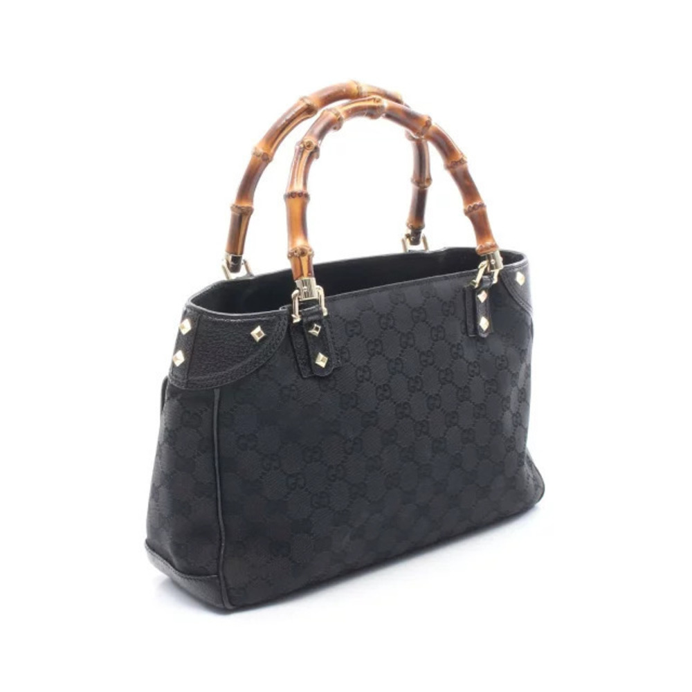 Gucci Black Tote Bag Bamboo Canvas GG Leather Black